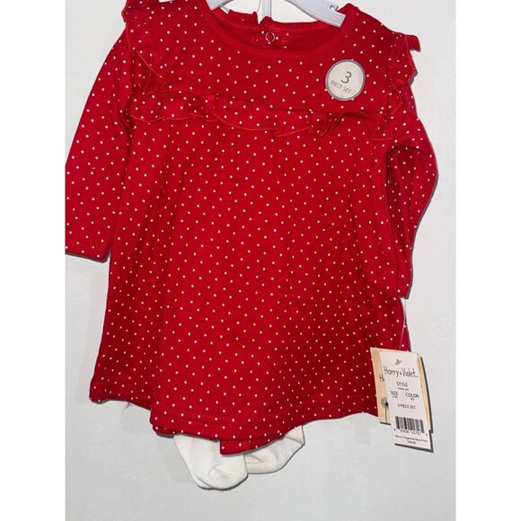 Red Polka Dot Baby Dress & Tights 3-Piece Set 6-9M Harry & Violet - Picture 1 of 4